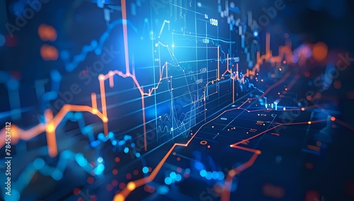 Abstract data visualization with financial graph icons in blue and orange