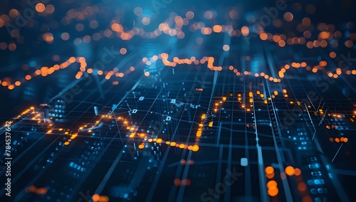 Abstract stock market graph with trending lines and numbers on blue background