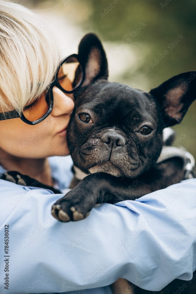 Portrait Woman With Her Pet French Bulldog Park 2