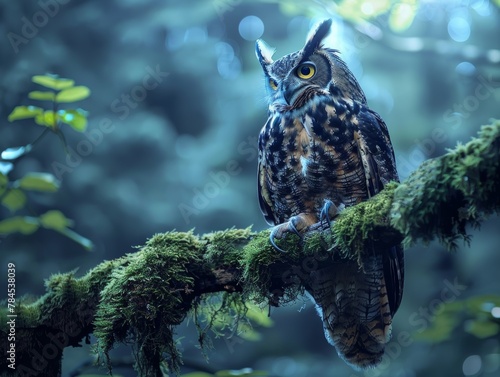 wise old owl perched moss covered branch nature tranquil peaceful wildlife portrait