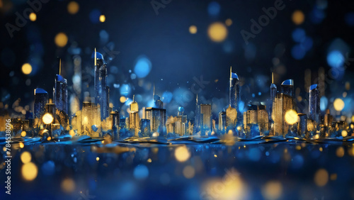 Blue and gold abstract Cityscape. with water. Particles and Bokeh. AI generativ.