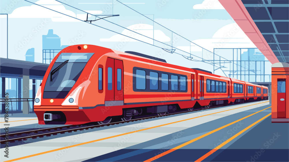 Trains at railway station illustration. Red trains