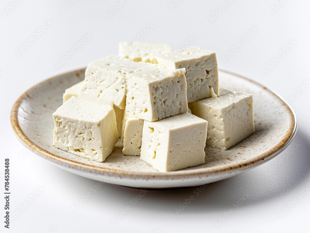 A plate with a stack of white cubes of tofu. Isolated on white background. 