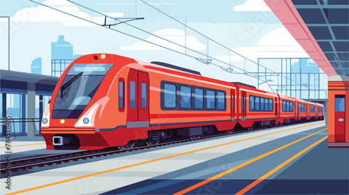 Trains at railway station illustration. Red trains