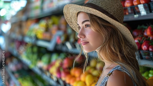 Woman in a Straw Hat Standing in a Grocery Store © ArtCookStudio