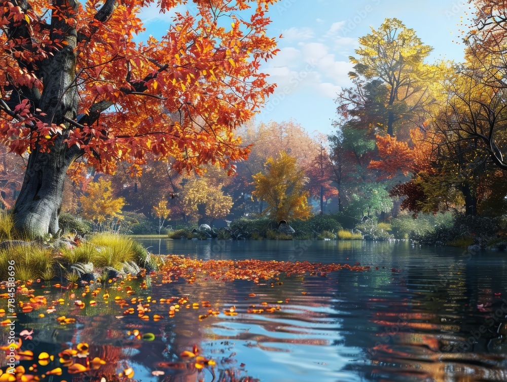 Tranquil Autumn Pond SurroundedColorful Foliage in Peaceful Scene