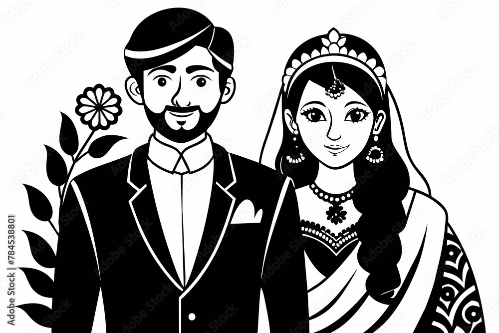 wedding Indian couple clipart black and white on white background wedding Indian couple clipart black and white on white background