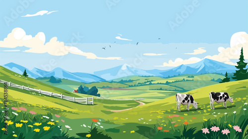 Tranquil countryside meadow with grazing cows and w