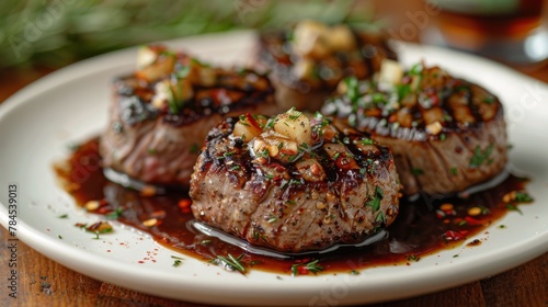 Succulent Steak Covered in Sauce on White Plate