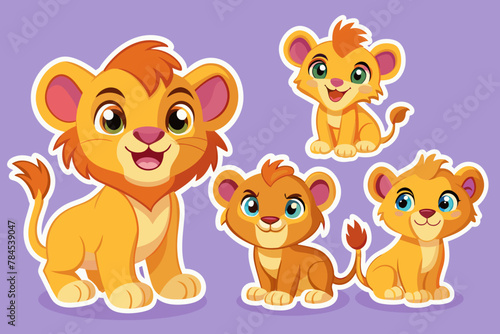 set of stickers with cute ion cubs funny icons