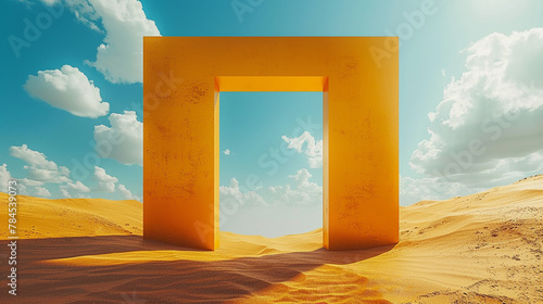 3d render, Surreal desert landscape with white clouds going into the yellow square portals on sunny day. Modern minimal abstract background-AI generated image 