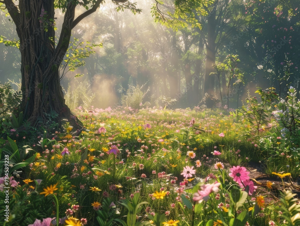 Obraz premium Sunlit Forest Floor Covered in Wildflowers Nature Scene Photo
