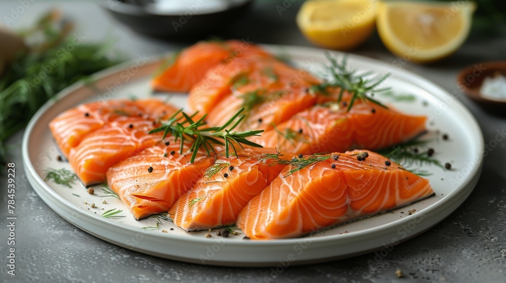 White Plate Topped With Sliced Salmon White Plate Topped With Sliced Salmon
