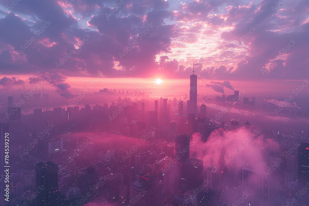 City Sunset - Modern Pink and Violet Skyscraper Skyline