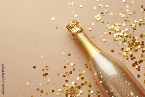 Bottle of champagne with gold glitter and confetti on beige background, flat lay