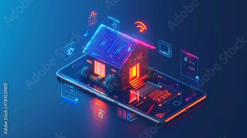 IoT technology controlled smart home smartphone. Internet of things device used in home automation system. A small house stands on screen with mobile phone, wireless connection and icons displaying