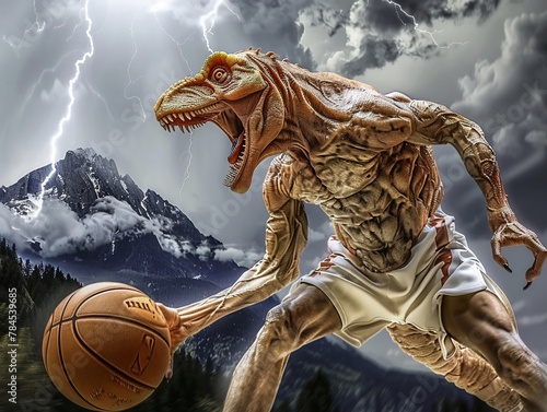 Chimera dribbling basketball, mountain under lightning, closeup on dynamic movement , hyper realistic