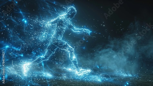 An image of a digital man playing soccer in a virtual reality video game