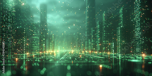 The Digital Web: A Modern Urban Landscape Linked by Emerald Neon photo
