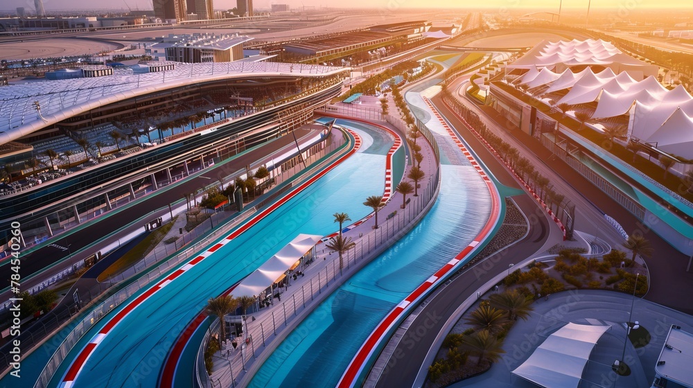 Fototapeta premium The Formula One racing track map of Yas Marina Circuit in Abu Dhabi, UAE, is displayed, detailing the specific layout of the track for racing enthusiasts and visitors