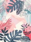 Exotic Tropical Plants and Leaves on Vibrant Pink, Blue, and Gray Background with Modern Illustration
