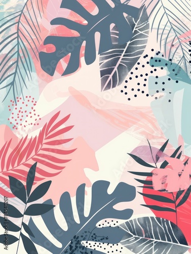 Exotic Tropical Plants and Leaves on Vibrant Pink, Blue, and Gray Background with Modern Illustration