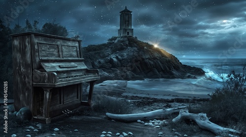 Envision a secluded cove where a weathered piano sits amidst driftwood and seashells photo