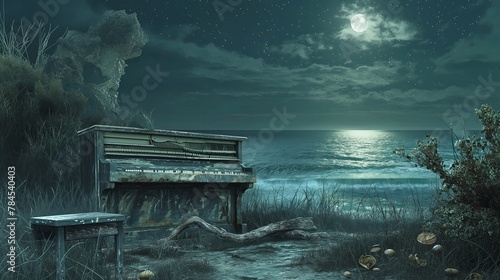 Envision a secluded cove where a weathered piano sits amidst driftwood and seashells