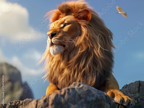Majestic Lion overlooking kingdomtop of mountain landscape in sunlight.