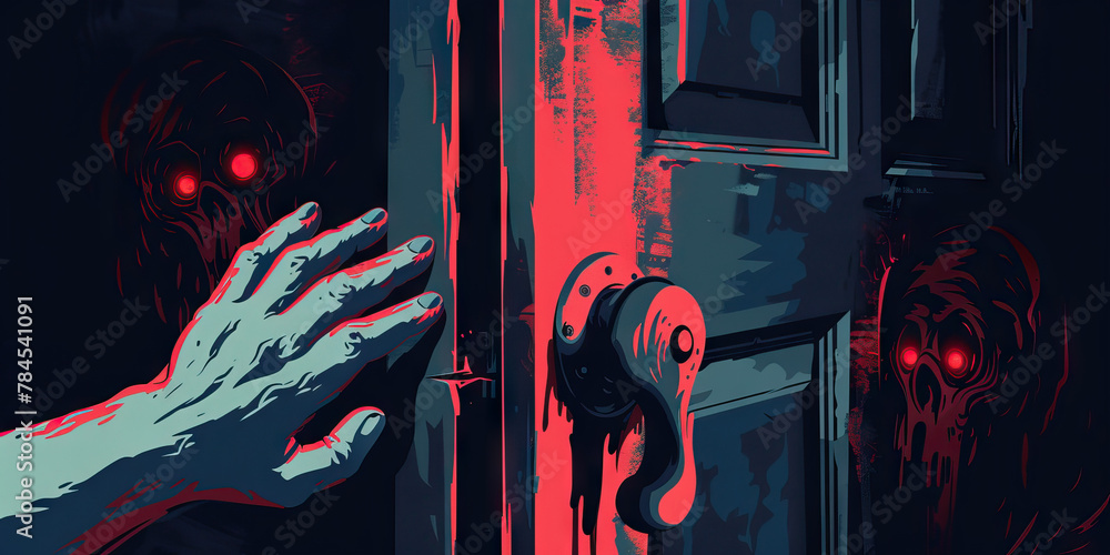 Haunted House Horror: A person's hands gripping a doorknob, eyes locked on eerie shadows, capturing the fear of exploring a haunted house - obrazy, fototapety, plakaty 