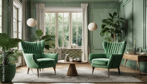 Refreshing Elegance: Green Armchairs Adorned Living Room Mockup - 3D Render"