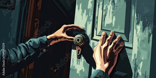 Haunted House Horror: A person's hands gripping a doorknob, eyes locked on eerie shadows, capturing the fear of exploring a haunted house