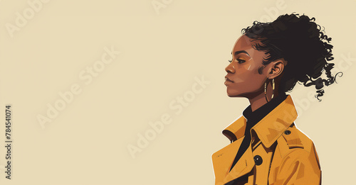 elegant black woman in profile with stylish hairstyle and wearing yellow coat and proudly raised head on beige background