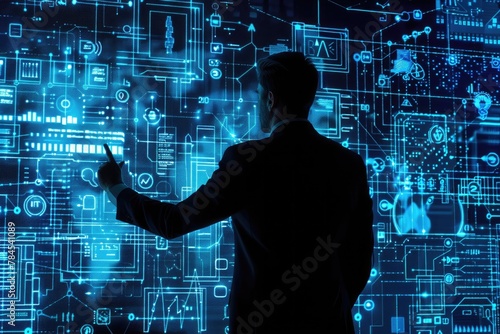 Illustration of an IT consultant presenting a tag cloud about information technology. This image visualizes the concept of IT consulting and the use of tag clouds for data visualization. 