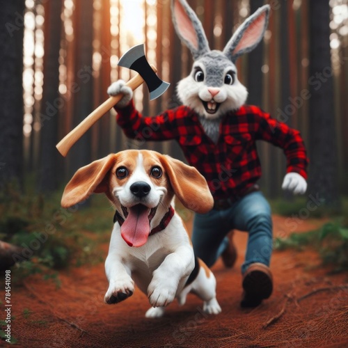 Beagle being chased by aq rabbit with an axe photo