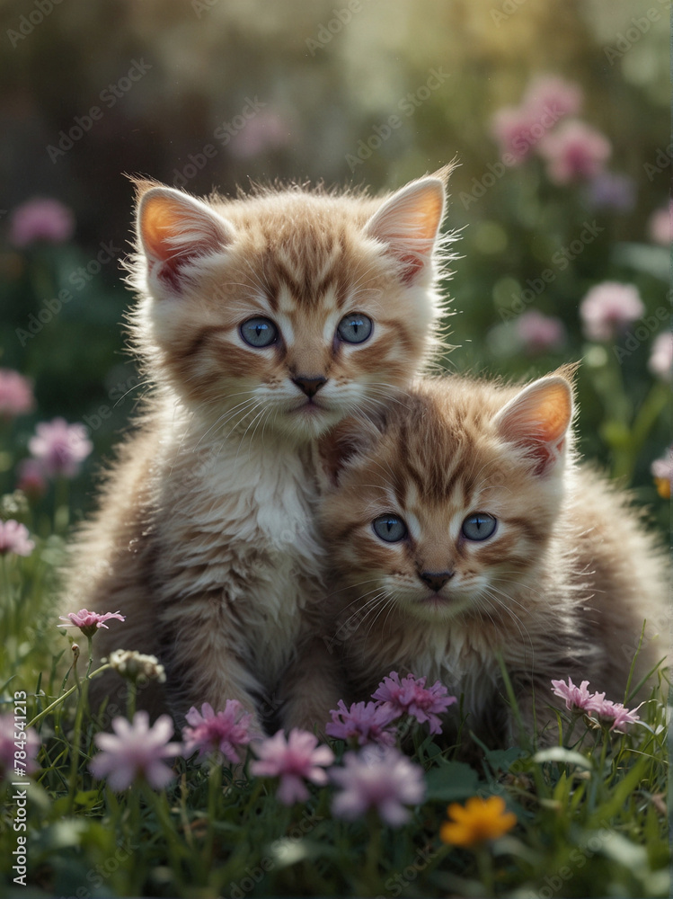Playful Kittens Frolicking in a Meadow of Colorful Flowers Playful Kittens Frolicking in a Meadow of Colorful Flowers