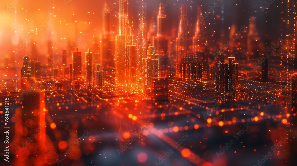 Digital skyline rendering with binary code particles. Technology and connection concept with architectural background.