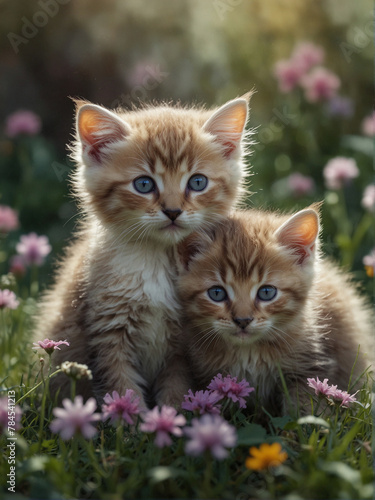 Playful Kittens Frolicking in a Meadow of Colorful Flowers