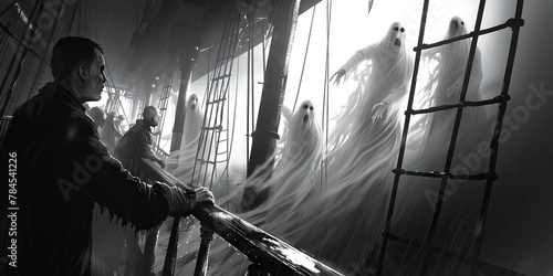 Ghost Ship Gloom: Hands gripping the railing, eyes searching for phantom sailors, in a chilling depiction of encountering ghosts on a ship