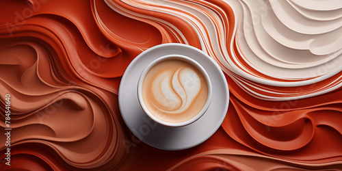Coffee background, a cup of coffee against a background of soft waves in brown tones, top view 