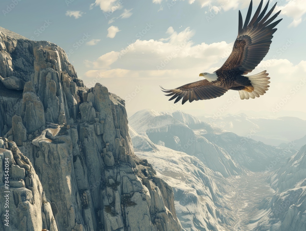 Majestic Bald Eagle Soaring High Above Rugged Landscape Portrait.