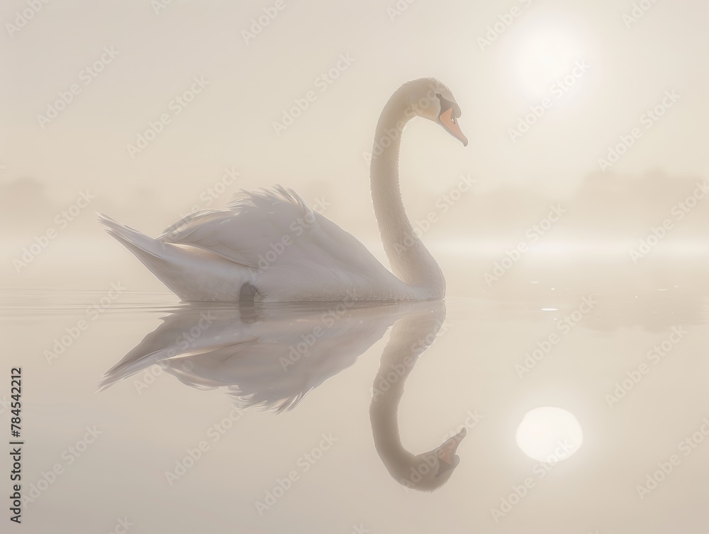 Graceful Swan Gliding Serenely Across Glassy Lake Reflection Portrait Image Sunrise Morning Peaceful Position. Graceful Swan Gliding Serenely Across Glassy Lake Reflection Portrait Image Sunrise Morning Peaceful Position.