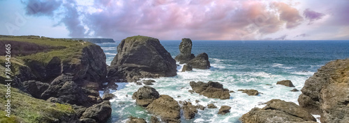 Belle-Ile in Brittany, seascape with rocks and cliffs on the Cote Sauvage, the needles of Port-Coton
