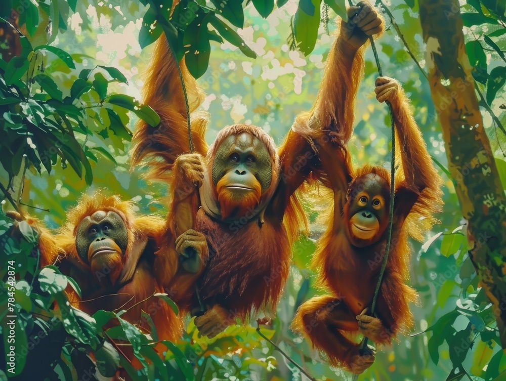 Fototapeta premium Graceful Orangutan Family Swinging Through Trees in Natural Habitat