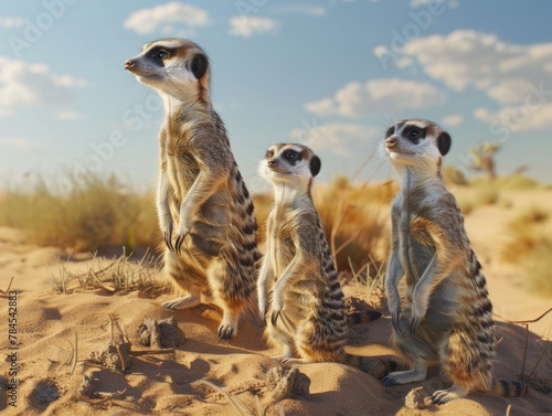 A Family of Meerkats Standing Alert in the Desert | Wildlife Photography Scene