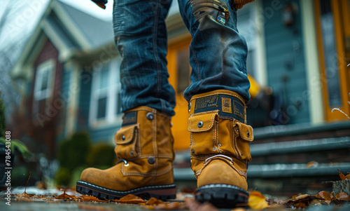 Man wears work boots in front of house. © Vadim