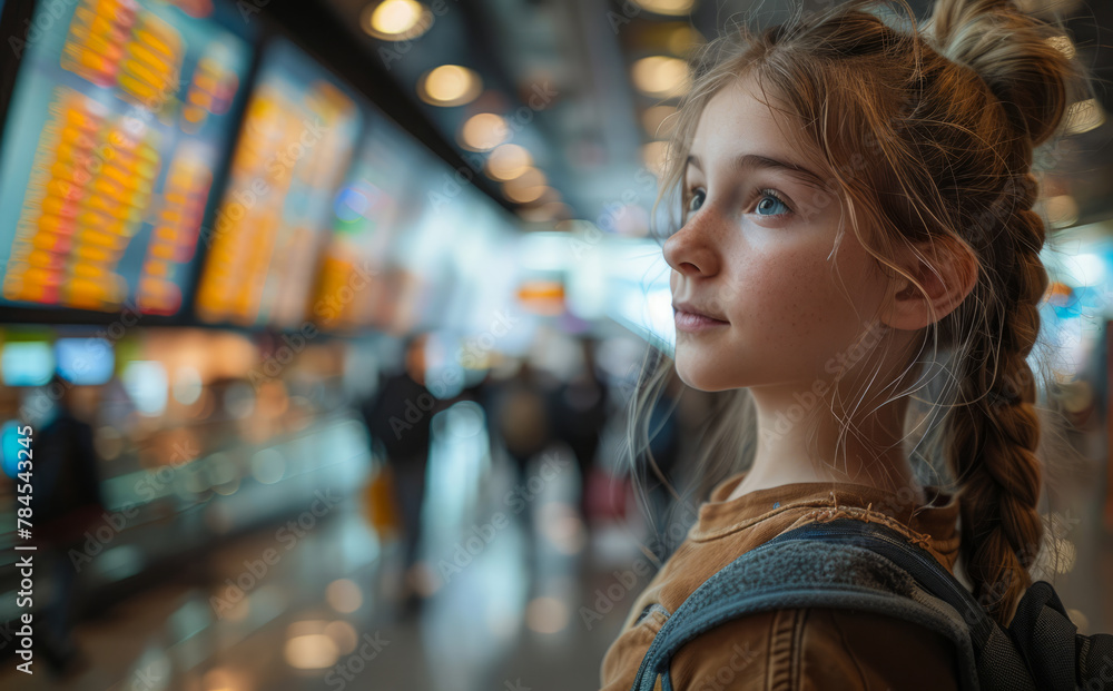 Cute little girl is looking at timetable board in the airport while waiting for her flight. Cute little girl is looking at timetable board in the airport while waiting for her flight.