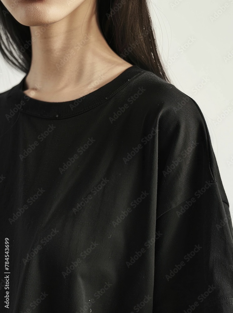 Young female model wearing a classic black long sleeve tshirt with a stylish elongated neckline