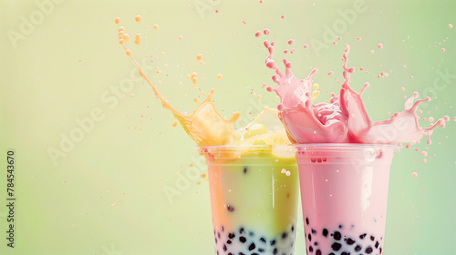 glasses of bubble tea are yellow and pink on a light green background. A mockup for advertising bubble tea and milkshakes