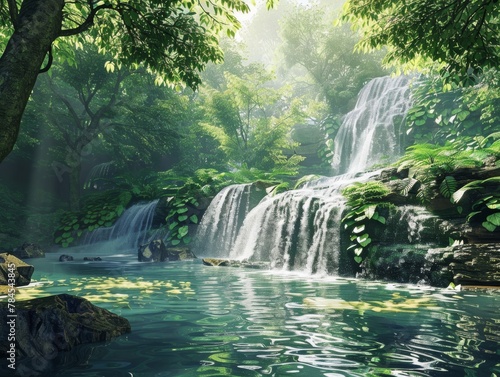 Hidden Cascading Waterfall Enveloped in Dense Forest Beauty - Tranquil Nature Scene